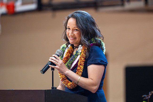 Rusty Rae/News-Register##Maile Keliiheleua said that McMinnville High School was more than a place to compete, but a supportive home for all her athletic endeavors. She used her speech to thank past coaches and encourage her two children to aim for the stars.