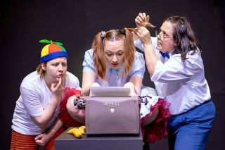 Rachel Thompson/News-Register##Turbo Strunk, Anya Kohl and Michele Rodocker-Cummings play three monkeys who&rsquo;ve been given a typewriter and plenty of time to turn out a Shakespeare play. The scene, directed by Bec Hasel, is from &ldquo;Words, Words, Words,&rdquo; an absurdist comedy by David Ives. Featuring six brief plays and directors Karen Root, Joseph Hunter and Soren Smithrud, as well as Hasel, &ldquo;It&rsquo;s All in the Timing&rdquo; runs May 15 to 22 at Gallery Theater in McMinnville.