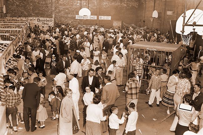 ## (May 7, 1956) Hundreds of McMinnville parents and school children turned out Saturday night to support the  annual PTA carnival at Memorial School. While a group of mothers and teachers was serving 750 dinners in the school cafeteria, booths and the &ldquo;jail&rdquo; in the gymnasium were going strong. Gross receipts were $748.13, according to Jim Stanard, finance committee chairman.