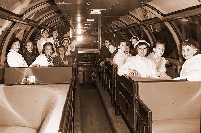 ## (May 3, 1956) A train trip to Salem from Portland and a tour of the state capitol was earned by Girl Scout Troop 16 of McMinnville from Girl Scout cookie sales in 1955-56. Members of the troop who made this trip on Saturday, April 28, included Victoria Bergreen, Doris Combs, Christine Cameron, Patty Hay, Mary McKay, Linda Earl, Pam Bladine, Victoria Walker, Stana Manes, Kay Johnson, Ruth Hilton, Barbara Howard and Mary Jean Lewis. Mrs. Philip Bladine is the leader of this troop, and Mrs.  Jessie Howard is assistant leader. Mrs. Victor Walker also accompanied them on this excursion.