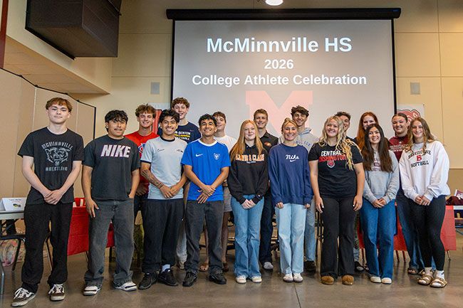 Nathan Ecker/News-Register## McMinnville&rsquo;s group of future collegiate student-athletes pose for a photograph at their signing celebration in the MHS food court on Wednesday. From left to right, back row: Cam Hyder, Tomas Merlier, Olin Hamilton, Keller Shea, Brian Lewis, Josh Lewis, Brooklyn Summer and Ruby Riddle. Front row: Charlie Vander Meide, Juan Vargas, Abraham &ldquo;Cruz&rdquo; Cuevas-George, Sebastion Lopez, Mallory Symons, Marley Darling Peterson, Brooke Johnston, Madeline Hendricks and Ava Fleishman.