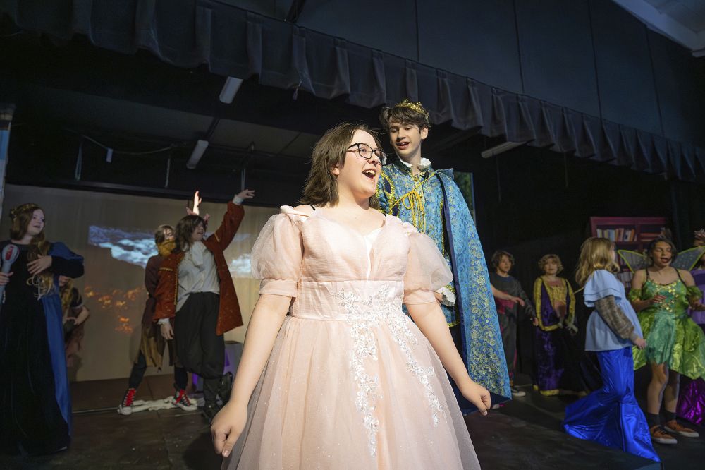 Rachel Thompson/News-Register##Delilah (Lana Spenner), who uses fantasy as a way of coping with being in a new town and school, sings with Prince Oliver (Gavin Newhouse) in the junior version of the musical &ldquo;Between the Lines.&rdquo; The show features students from both Patton and Duniway middle schools. It runs Thursday through Sunday, May 28 to 31.