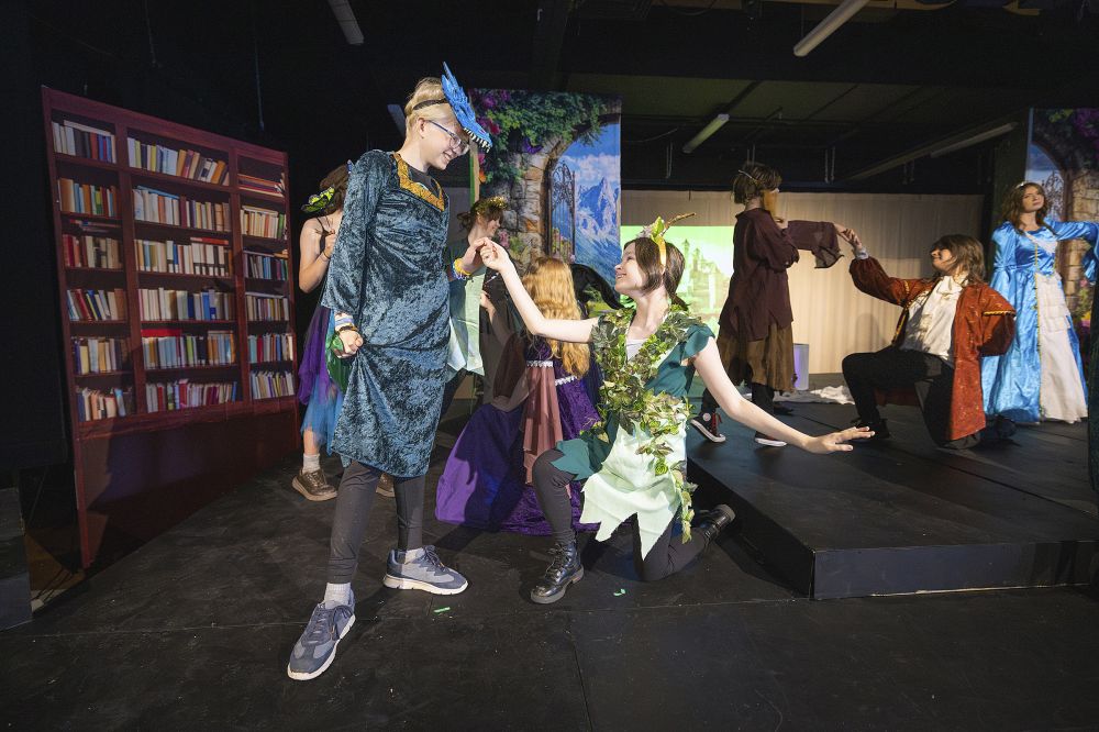 Rachel Thompson/News-Register##Middle school becomes a fairy tale in &ldquo;Between the Lines Jr.,&rdquo; which will be performed May 28 to 31 at Patton Middle School in McMinnville. This scene features, from left, Coralyn Hendricks and Haze Potts. The musical show is based on a book by popular author Jodi Picoult.