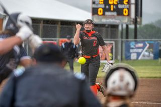 Rusty Rae/News-Register##Sheridan senior and Bulldogs pitcher Madison Blacketer watches a pitch enter the strike zone in the team&rsquo;s 15-5 playoff victory over Pleasant Hill on Monday, May 25, at Willamina High School. The win was Willamina&rsquo;s first in the postseason since 2024 when they reached the 2A/1A semifinals.