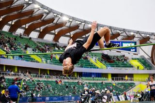 Nathan Ecker/News-Register##Willamina senior Matthew Atherton clears the high jump pole at 5-11 1/2 to solidify his bronze placement on the podium. Atherton also took eight in the long jump with a mark of 20-7. He was the Bulldogs only podium placer.