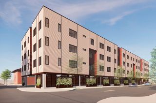 ##Digital renderings shows updated plans for a four-story, 72-unit apartment building. Changes to the first floor facade include incorporating designs from stained glass windows onto metal panels, adding planters and hanging trellises and architectural tweaks to appear more like a historic storefront.