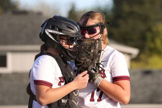 Nathan Ecker/News-Register file photo##Dayton juniors Sophie Sweeney and Charly Upmeyer talk strategy in the Pirates&rsquo; 4-2 win over YC on April 6. Both hope to return stronger in 2027.