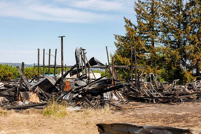 Photo courtesy of The Nines Golf##What was left of the maintenance fire from last May. They have a new fleet of equipment and are on the rise.