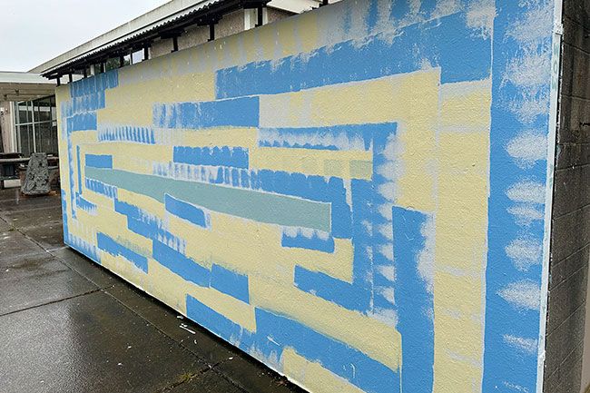 Kirby Neumann-Rea/News-Register##Minimalist mural, &ldquo;intentional skips&rdquo; and all, at Linfield.