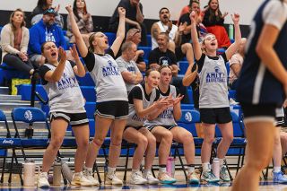 Nathan Ecker/News-Register##From left to right: Kinleigh Bailey, Peyton Owings, Gracie Withee, Peyton Turley and Kinley Weiler get pumped up over a teammate&rsquo;s made basket in Amity&rsquo;s summer league contest versus Banks in the Warrior gymnasium on Thursday, June 11. Despite trailing, the group&rsquo;s spirit never wavered as they showed enthusiasm for every possession.