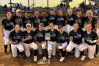 Photo courtesy of Josh Terry##The Northwest Vandals 16U team pose for a photograph with their Valley Invite trophy on Sunday, June 21 in Hillsboro. The club team includes Mac seniors Taylor Terry and Alex Bates and Dayton junior Sophie Sweeney.
