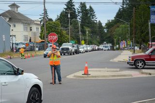 Emily Bonsant/News-Register##Construction on Madison Street left Lafayette traffic in gridlock Thursday afternoon. Madison Street turns into Lafayette Highway on the southern portion of town. The road is being repaved and getting sidewalk improvements. Cars lined up on Third Street and Highway 99W as they followed directions of traffic controllers.