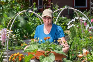 Rusty Rae/News-Register##Hanna DeMaster is happy among the colorful flowers and vegetables that grow cooperatively in her front yard, which the McMinnville Garden Club chose for its July honors. DeMaster converted a lawn to a bountiful garden after moving to the 10th Street property a decade ago.