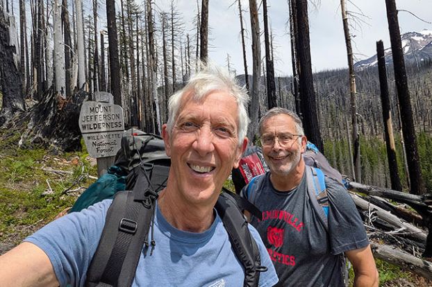 Submitted photo##Scott Gibson took this selfie with John Nelson just before they set off on a joyous hike along the Whitewater Trail in the Mount Jefferson area. The two McMinnville doctors have been hiking together since they were teens. This time, they became separated and Gibson had to call for help; Marion County Search and Rescue volunteers found Nelson on his third day in the wilderness and brought him to safety.