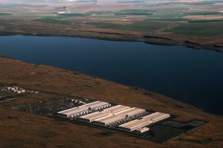 Jordan Gale/Oregon Capital Chronicle##An abundance of data center facilities, including the one pictured here in Umatilla County on May 18, 2026, have been built in Oregon along the Columbia River Gorge during the last few years.