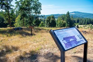 Emily Bonsant/News-Register##All that remains of the blockhouse at the Fort Yamhill State Heritage Area near Valley Junction is a post and signage marking where the building once stood.