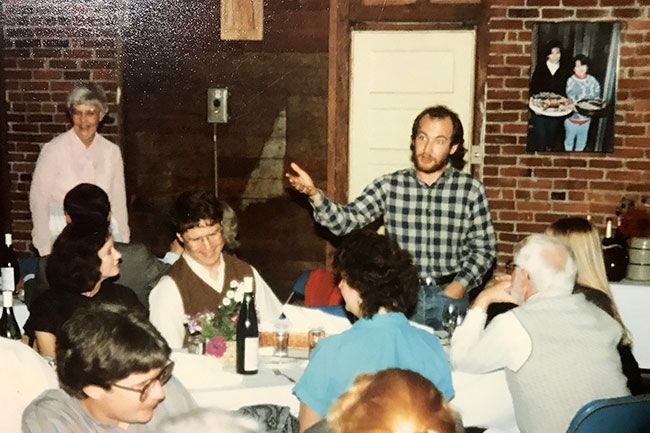 Submitted photo##On Sept. 25, 1987, Lorre and Kirby Neumann-Rea listen as their friend Lee Krahenbuhl presents a rehearsal dinner toast in the pre-Backroom at Nick&rsquo;s Italian Cafe. Photo on the wall is Nick&rsquo;s daughters, Aida and Carmen.