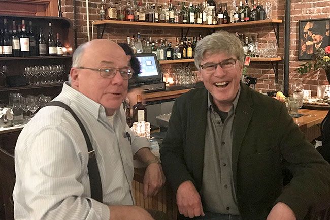 Submitted photo##Nick&rsquo;s Cafe founder Nick Peirano, left, and Kirby Neumann-Rea enjoy a get-together in the renowned restaurant&rsquo;s back room bar in 2015.