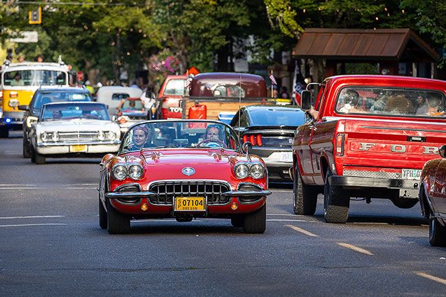 Rachel Thompson/The News-Register##Convertibles, muscle cars and vintage pickups cruise Third Street as the sun dips low over Yamhill County.