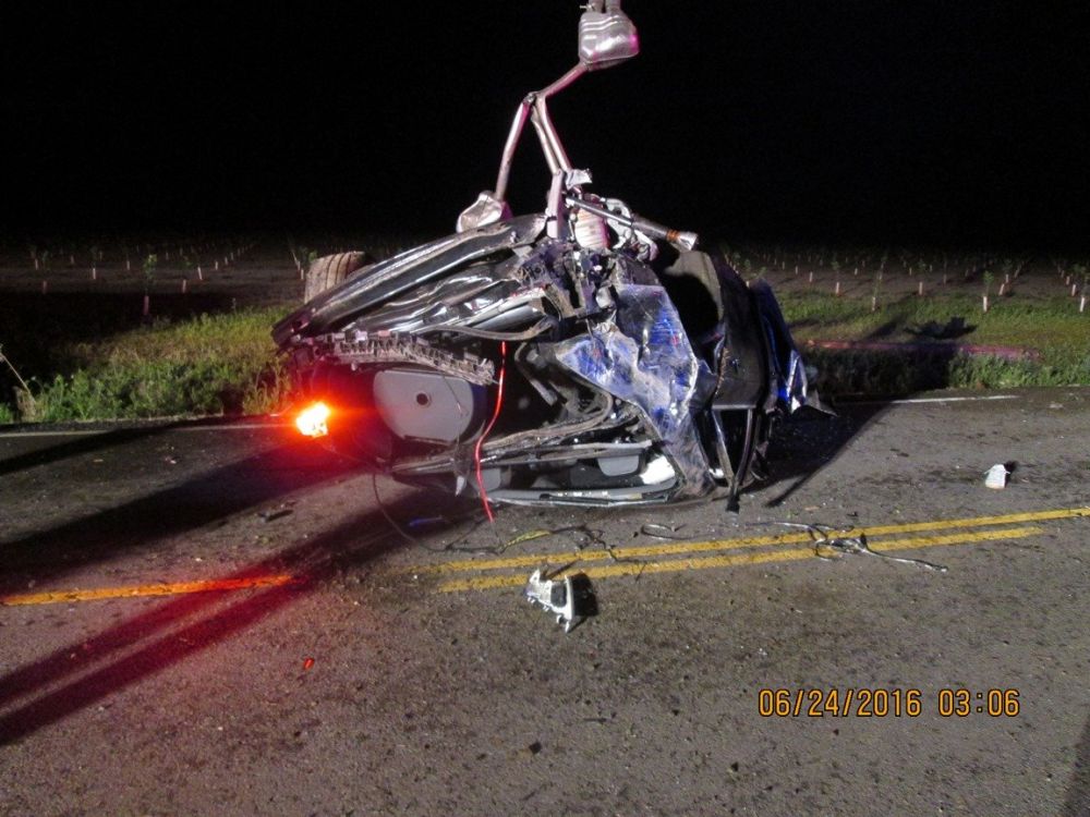 Photo courtesy of Oregon State Police##Three persons were injured, one of whom was arrested, when their vehicle crashed early Friday morning on Wallace Road
