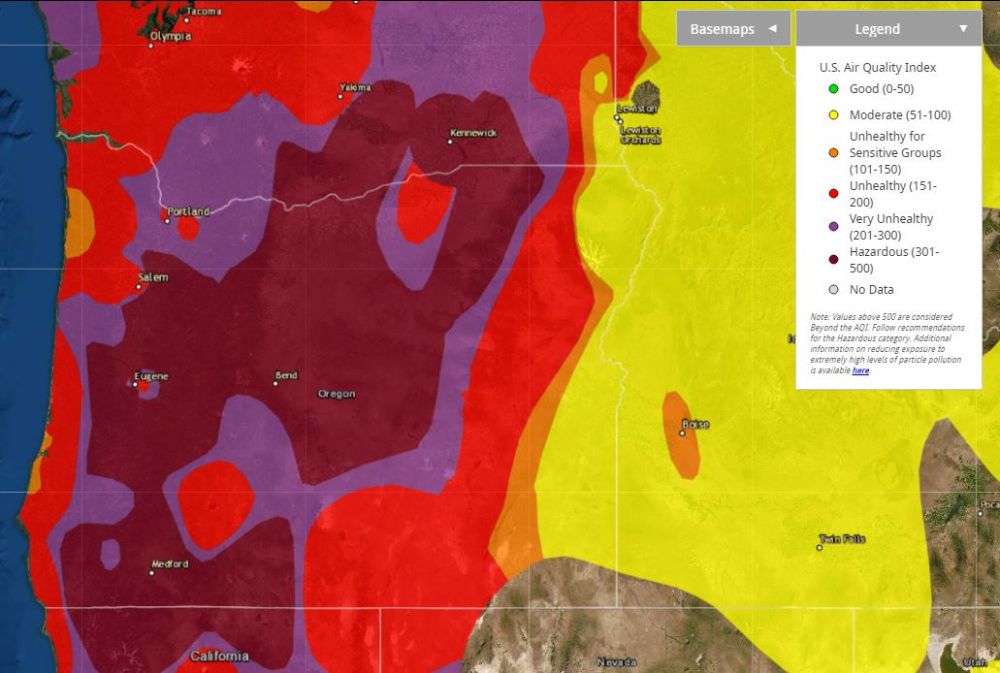 EPA map updated Saturday morning shows air quality throughout Oregon. Saturday s 1 p.m. map updated the story below by adding Amity and Yamhill to  Very Unhealthy  zones as smoke density increased westerly. Areas just outside Newberg-Dundee and Dayton reached  Hazardous  index levels in the afternoon.