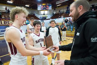 Marcus Larson/News-Register##
Dayton s Lukas Findley and Braeden Nowlin accept the 3rd place OSAA 3A basketball State tournament trophy at the conclusion of Saturday s morning game. Marcus Larson/News-Register##
Dayton s Lukas Findley and Braeden Nowlin accept the 3rd place OSAA 3A basketball State tournament trophy at the conclusion of Saturday s morning game.