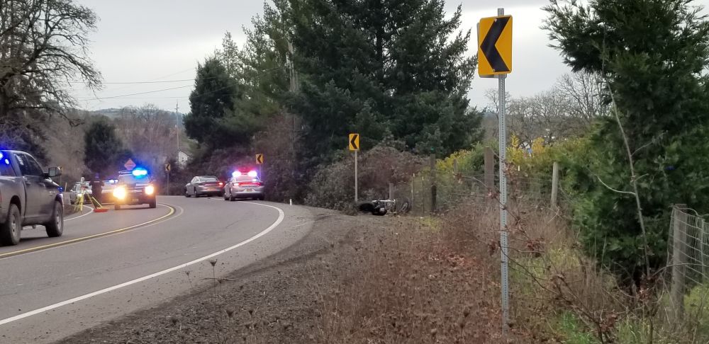 Oregon State Police photo##The rider of this motorcycle was killed Tuesday afternoon when his bike left Highway 47, just north of Yamhill, for an unknown reason.
