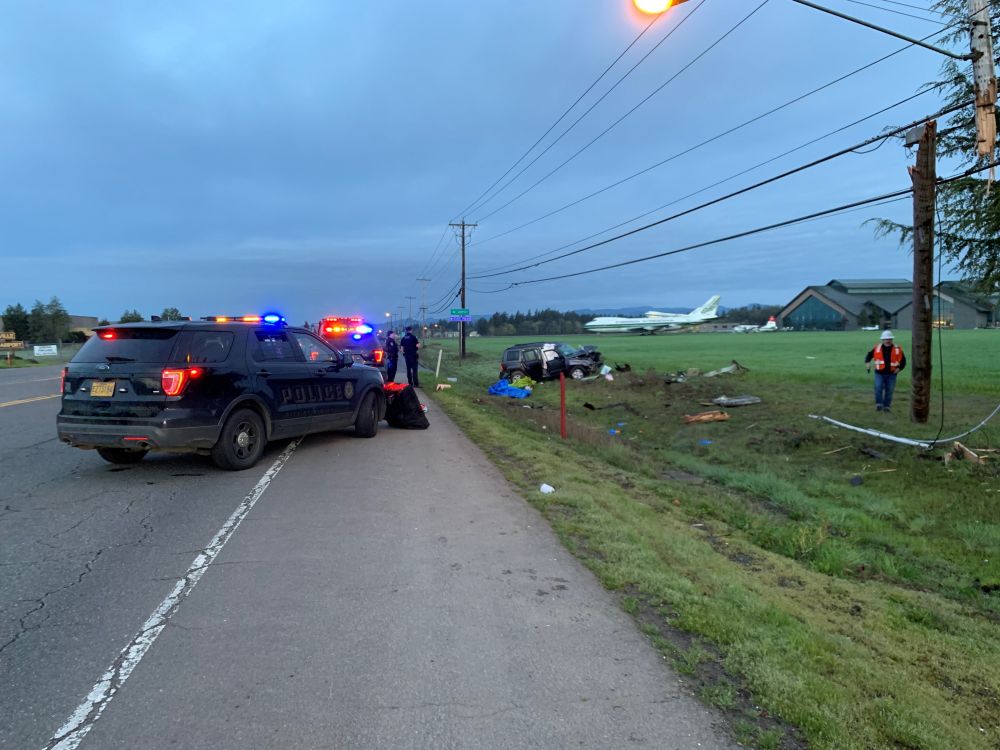 Courtesy McMinnville Police Department##Police investigated the crash of a reported stolen vehicle early Friday morning on Three Mile Lane.