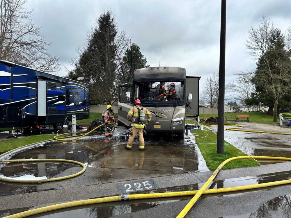Photo courtesy McMinnville Fire Department##Firefighters extinguished a blaze that gutted a recreational vehicle at Olde Stone Village on Highway 18 Monday morning.