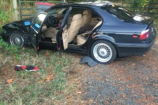 Photo courtesy Salem Police##A Sheridan man crashed his car west of Sheridan following a 25-miile pursuit after allegedly robbing a Key Bank branch in Salem Friday.