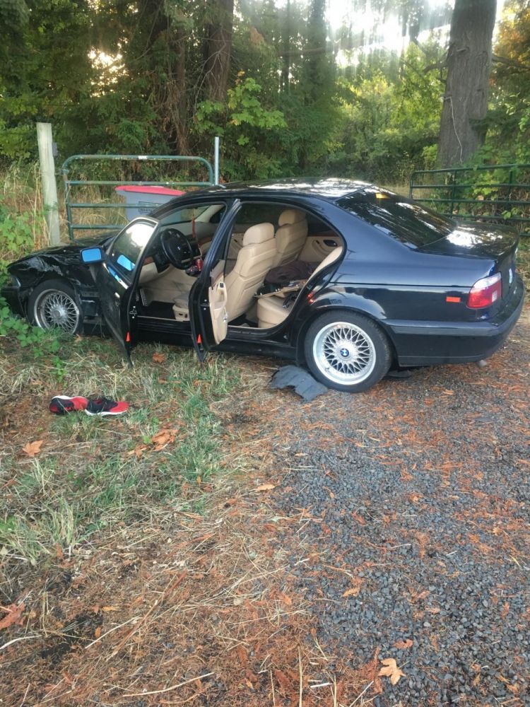 Photo courtesy Salem Police##A Sheridan man crashed his car west of Sheridan following a 25-miile pursuit after allegedly robbing a Key Bank branch in Salem Friday.