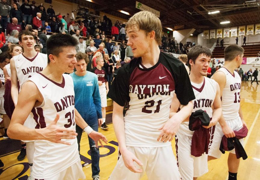 Rockne Roll/News-Register##
Tanner Lewis and Matthew Brodeur celebrate after the semifinal win.