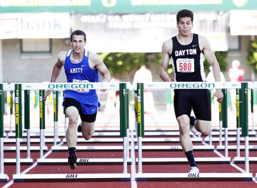 Rockne Roll/News-Register##
Dayton s Owen McLoud and Amity s Jonathan Mather compete in the boys  110m hurdles.