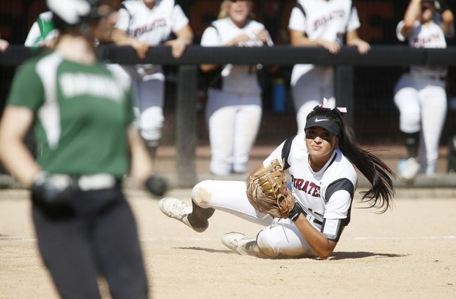 Rockne Roll/News-Register##
Dayton s Kalina Rojas gets up to throw to first to double off a runner after catching an infield pop in the Pirates  OSAA Class 3A state title game against Rainier Friday, June 1, at Oregon State University in Corvallis.