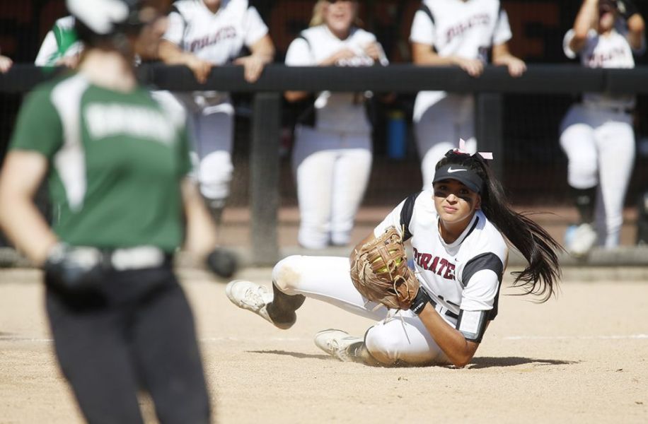 Rockne Roll/News-Register##
Dayton s Kalina Rojas gets up to throw to first to double off a runner after catching an infield pop in the Pirates  OSAA Class 3A state title game against Rainier Friday, June 1, at Oregon State University in Corvallis.