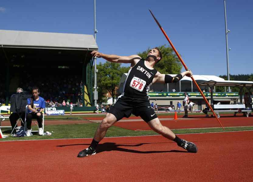 Rockne Roll/News-Register##
Dayton s Aiden Huber captures his first javelin title.