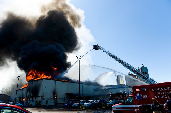 Rusty Rae/News-Register##Multiple fire units responded Tuesday afternoon to a blaze at McMinnville s Organic Valley Creamery on North Highway 99W.