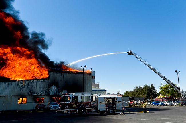 Rusty Rae/News-Register##Multiple fire units responded Tuesday afternoon to a blaze at McMinnville s Organic Valley Creamery on North Highway 99W.