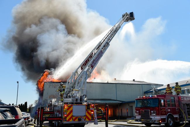 Rusty Rae/News-Register##Multiple fire units responded Tuesday afternoon to a blaze at McMinnville s Organic Valley Creamery on North Highway 99W.