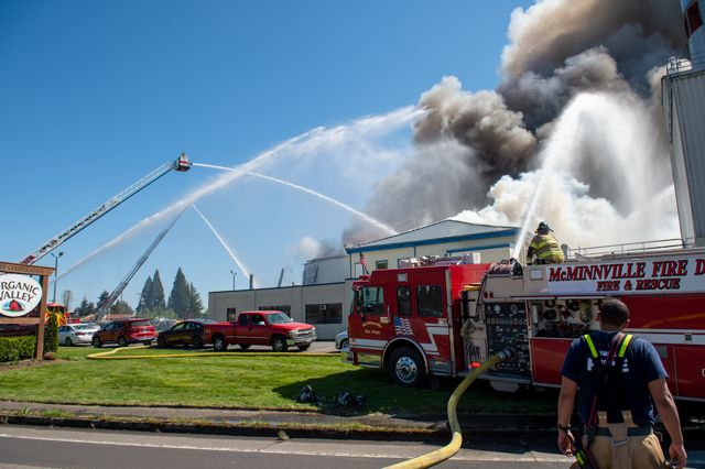 Rusty Rae/News-Register##Multiple fire units responded Tuesday afternoon to a blaze at McMinnville s Organic Valley Creamery on North Highway 99W.