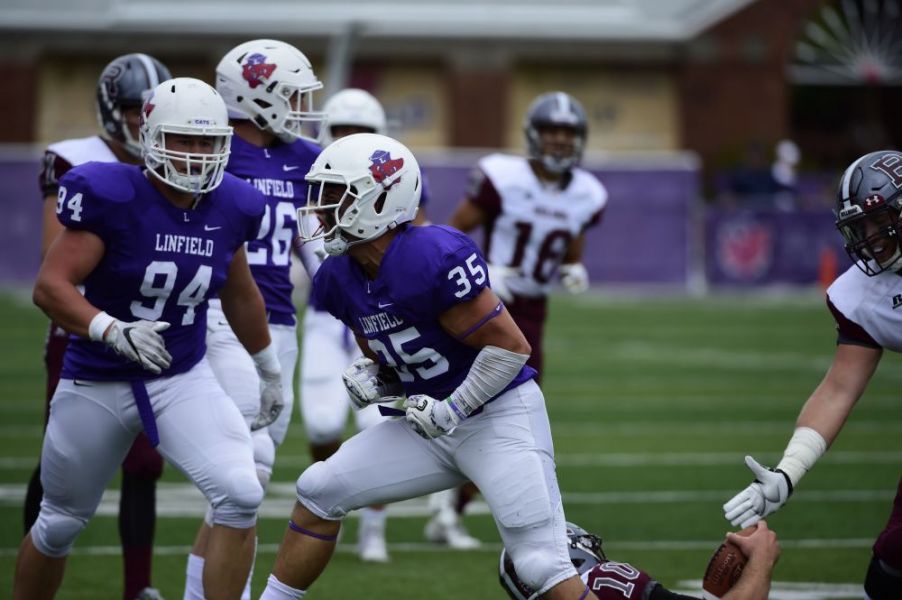 Marcus Larson/News-Register##
Linfield linebacker Patrick Pipitone reacts to a sack against Redlands.