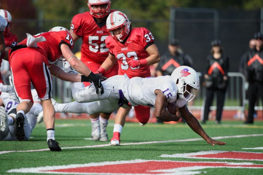 Marcus Larson/News-Register##
Linfield tail back Artie Johnson dives into the end zone for a three-yard score against Pacific.