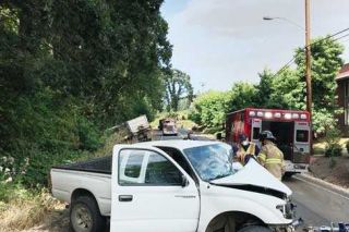 Photos courtesy McMinnville Police Department##A two-vehicle crash Tuesday afternoon in northeast McMinnville hospitalized a Yamhill woman. Photos courtesy McMinnville Police Department##A two-vehicle crash Tuesday afternoon in northeast McMinnville hospitalized a Yamhill woman.