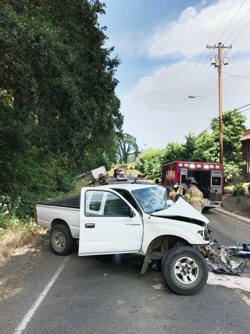 Photos courtesy McMinnville Police Department##A two-vehicle crash Tuesday afternoon in northeast McMinnville hospitalized a Yamhill woman.