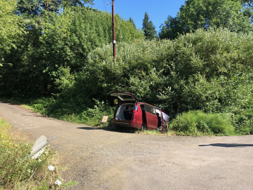 Photo courtesy Oregon State Police##A California woman, the passenger in this mini van, died Monday afternoon in a motor vehicle crash on Highway 22 just west of the Valley Junction turnoff.