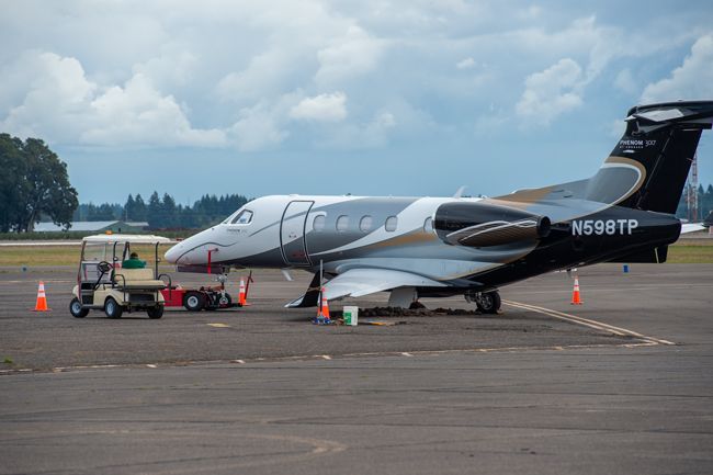 Rusty Rae / News-Register##The Embraer Phenom 300 arrived in McMinnville from Van Nuys  California, Thursday. It will need to be inspected before it can take off again to make sure the landing gear still is in working order.