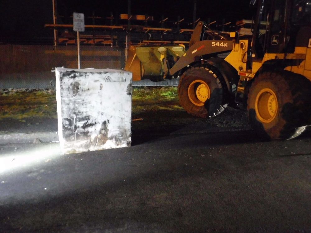 McMinnville police photos##This piece of construction equipment was used to knock an ATM off its mooring at a First Federal bank branch
